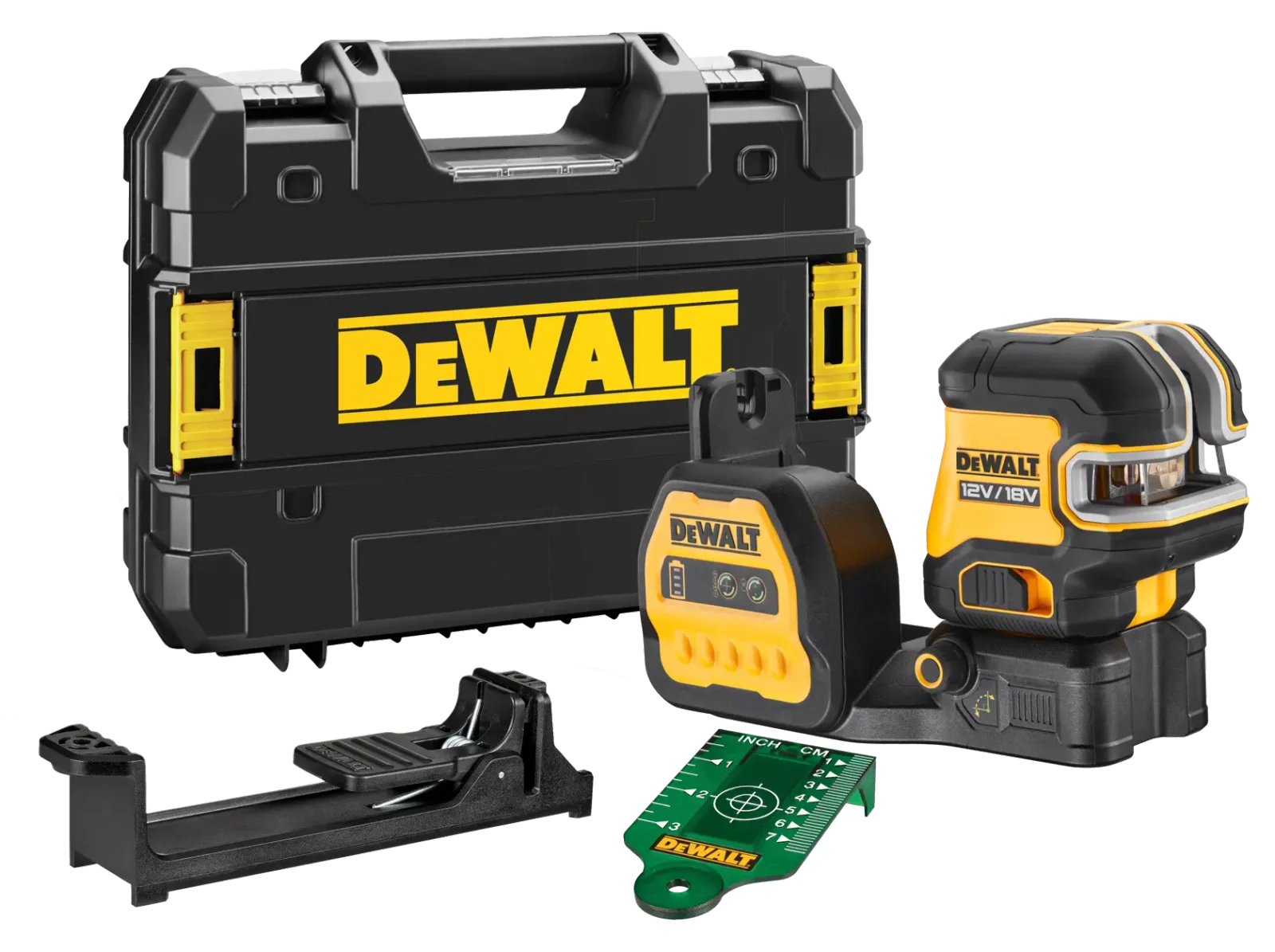 DeWalt DCE825 cross line laser, kit contents laid out