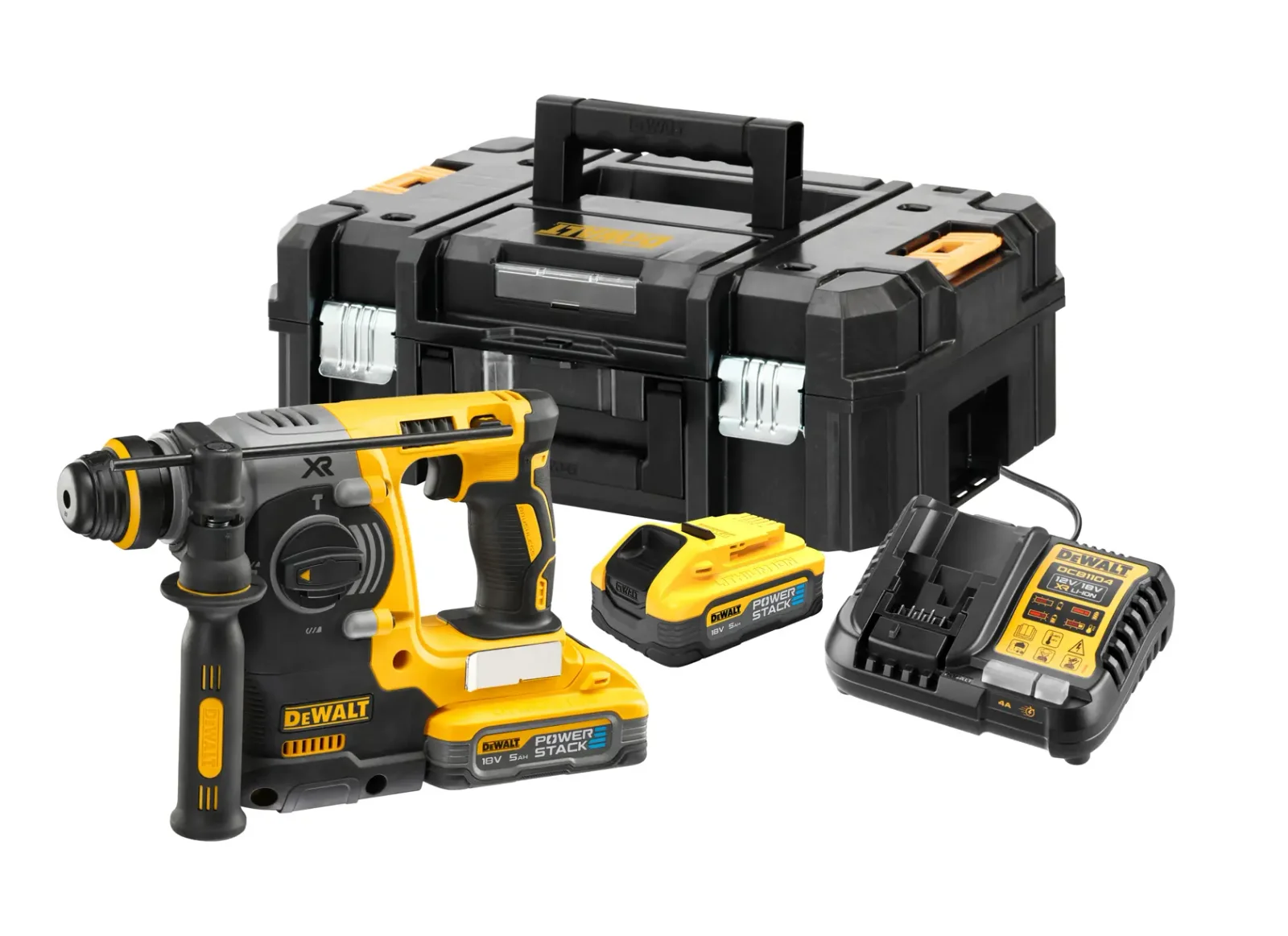 DeWalt DCH273 SDS-plus hammer drill, kit contents laid out