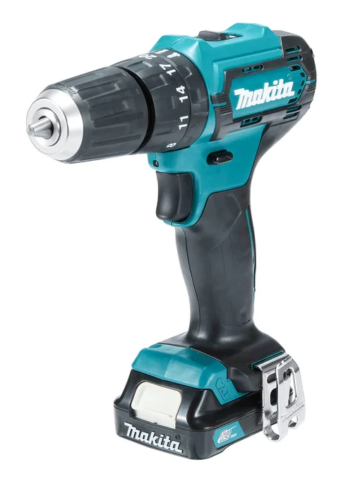 Makita HP333D combi drill, three-quarter view from the left