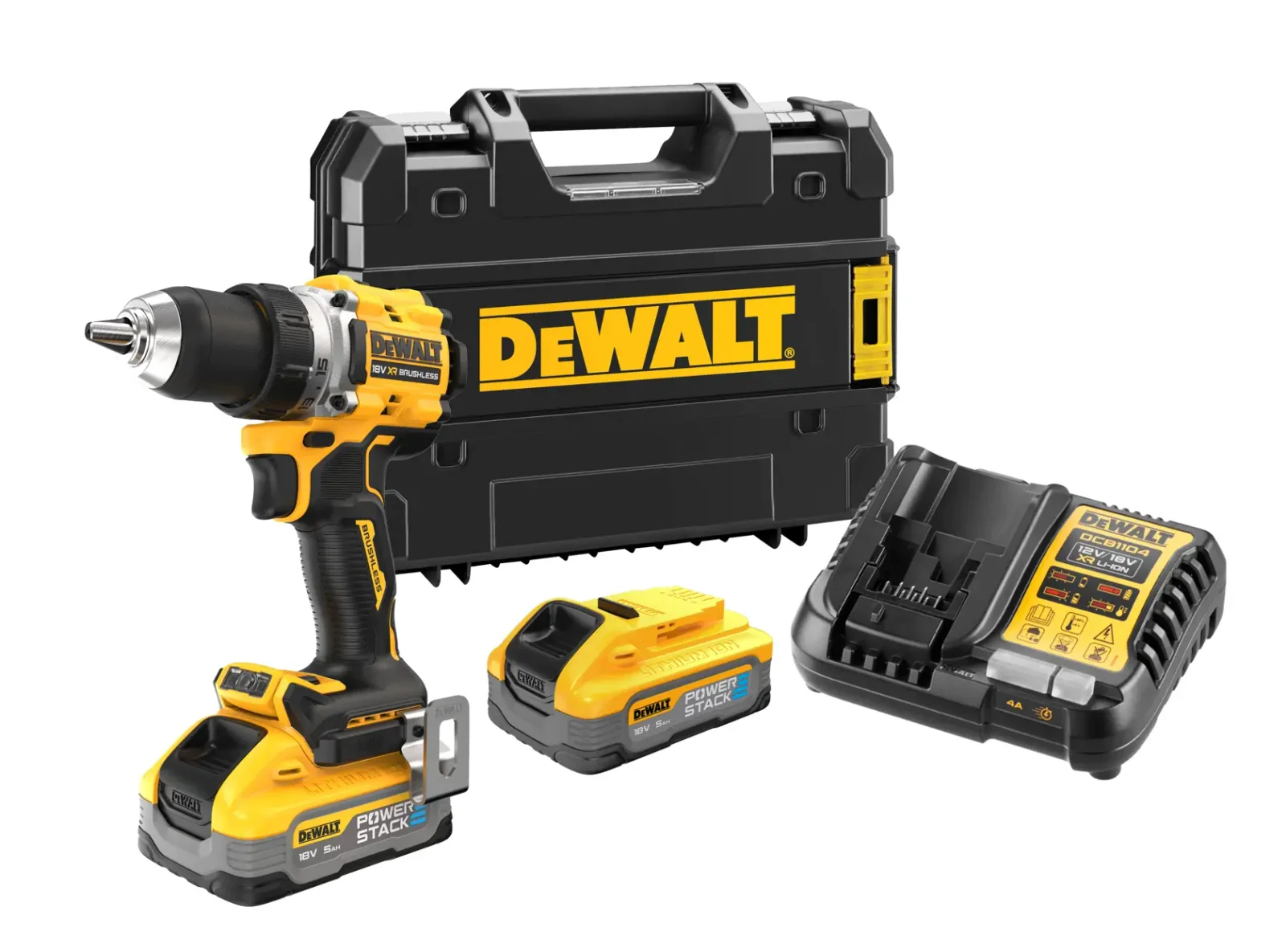 DeWalt DCD800 drill driver, kit contents laid out
