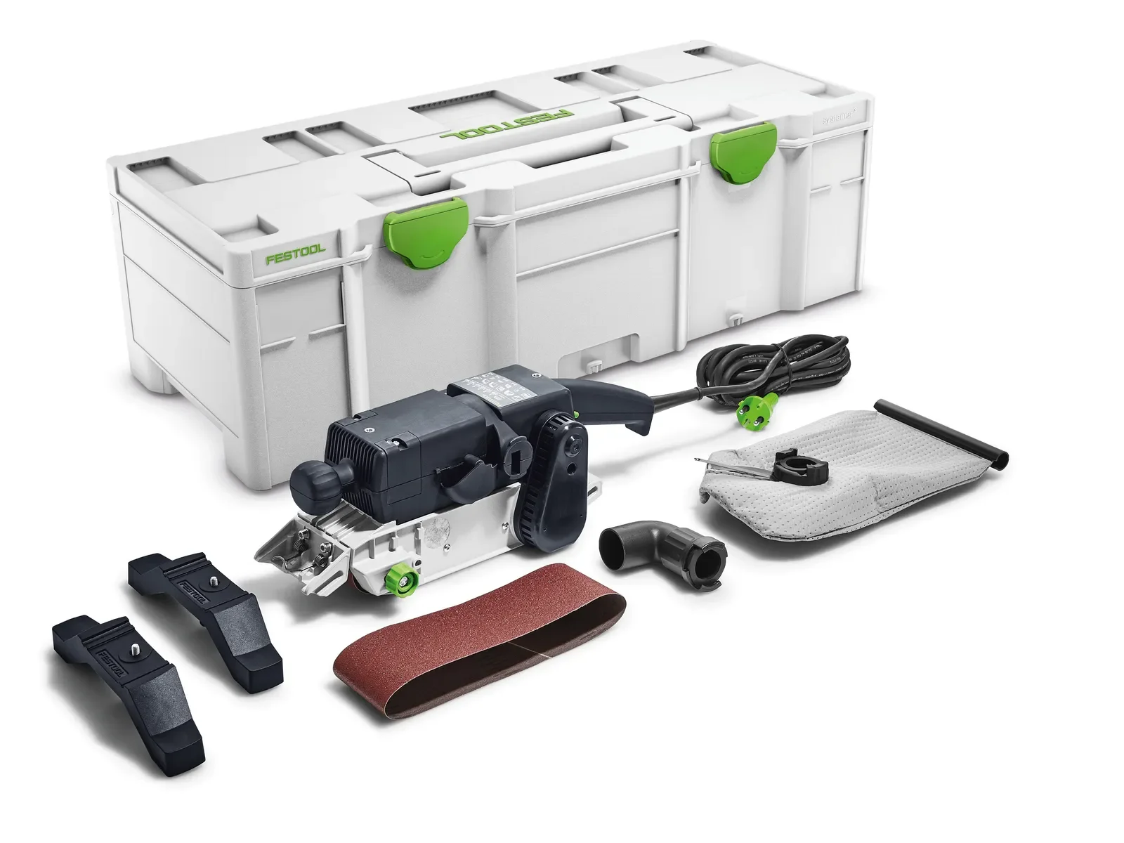 Festool BS 75 E-Plus contents: belt sander, bench unit, dust bag and Systainer³