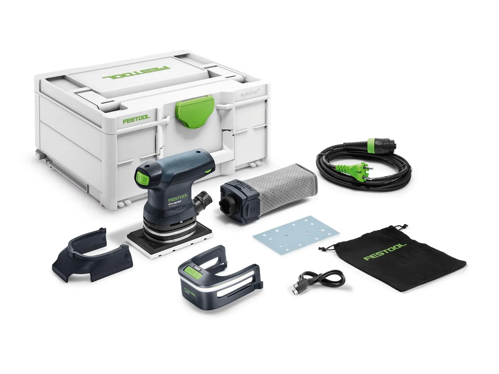 Festool RTS 400 REQ-Plus contents: orbital sander, pad, dust bag, light module and Systainer³
