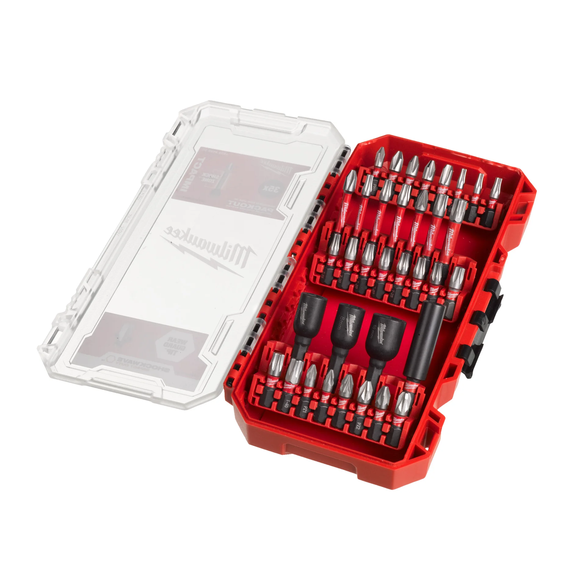 Milwaukee SHOCKWAVE 35-piece bit set in open case, angled view