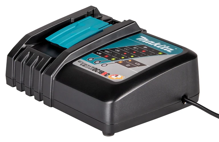 Makita DC18RC charger, three-quarter view from the left