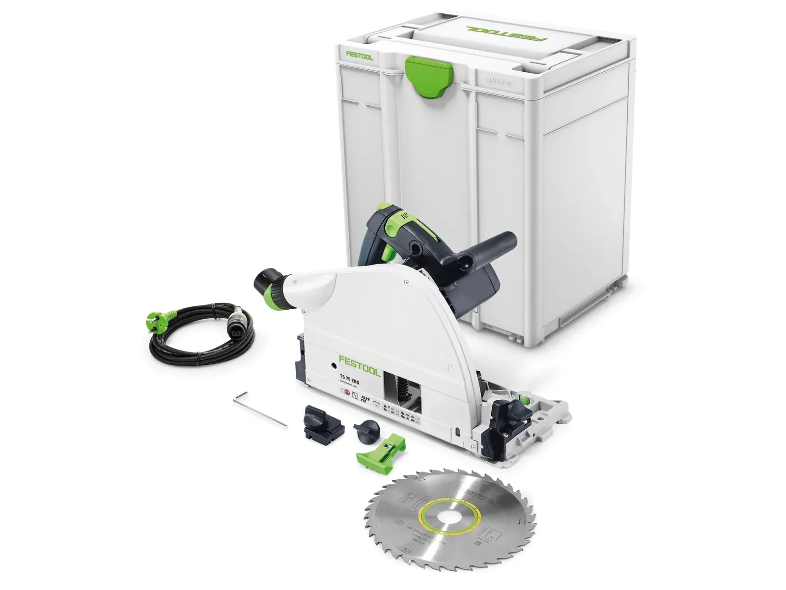 Festool TS 75 EBQ-Plus contents: plunge saw, blade, rail stop and Systainer³