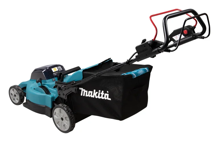 Makita DLM481 lawn mower, three-quarter view from the right