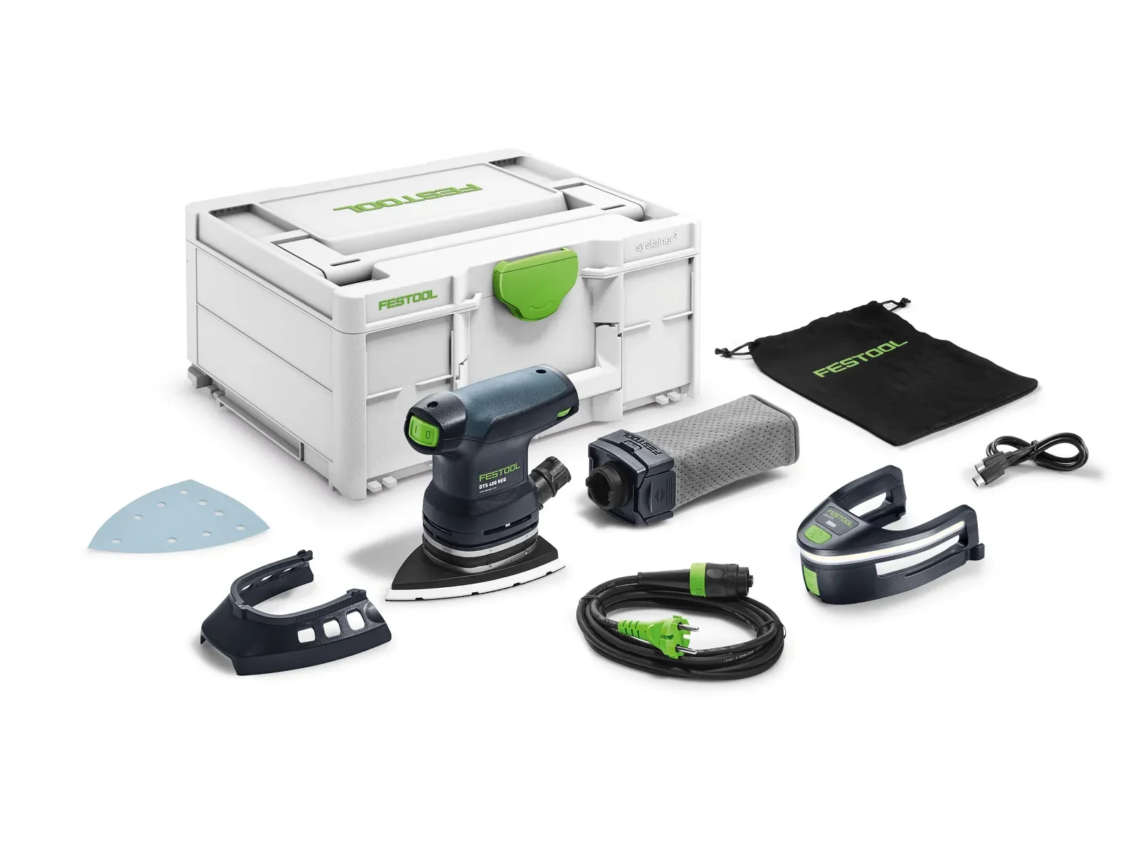 Festool DTS 400 REQ-Plus contents: delta sander, pad, dust bag, light module and Systainer³