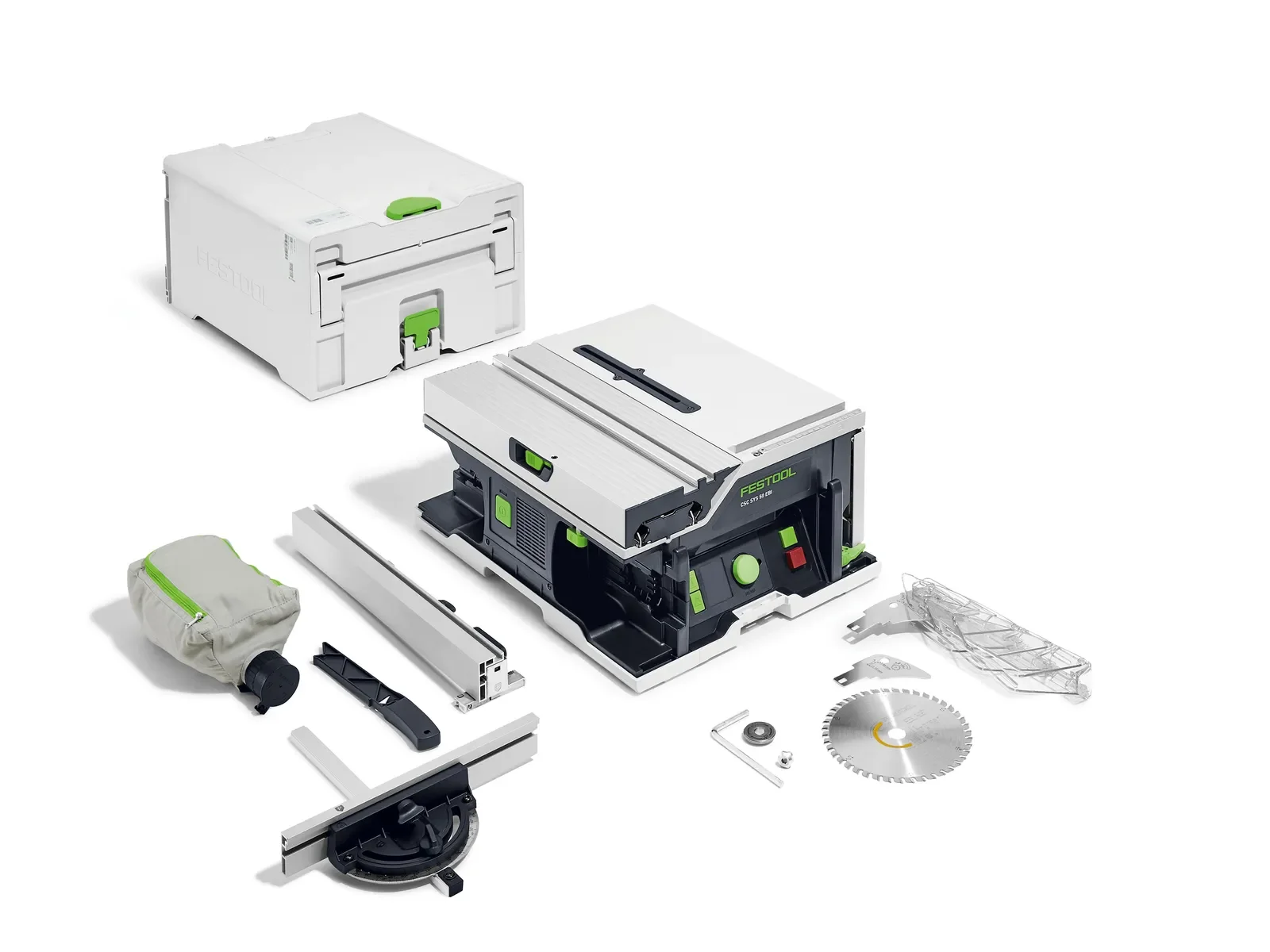 Festool CSC SYS 50 Basic contents laid out: saw, hood, fence, blades and chip bag
