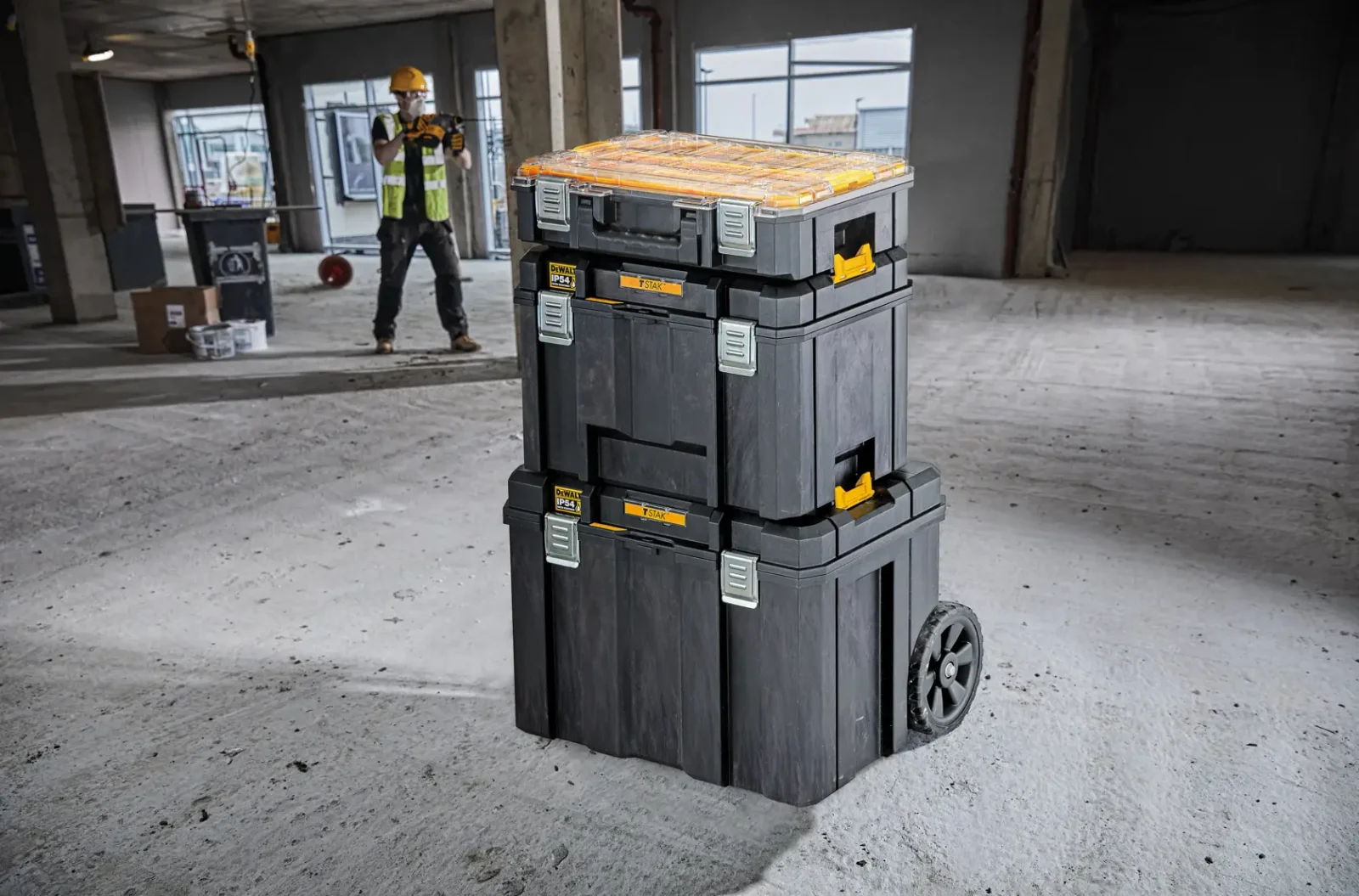 DeWalt TSTAK mobile storage box in use on site