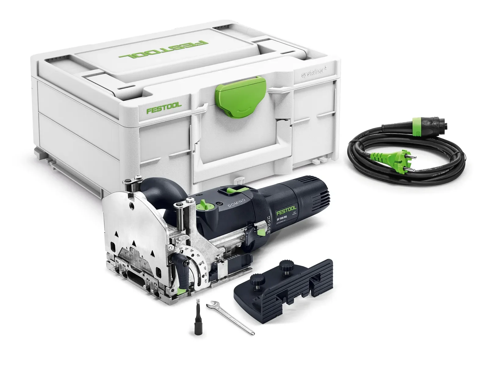 Festool DF 500 Plus contents: joiner, cable, stop and Systainer³