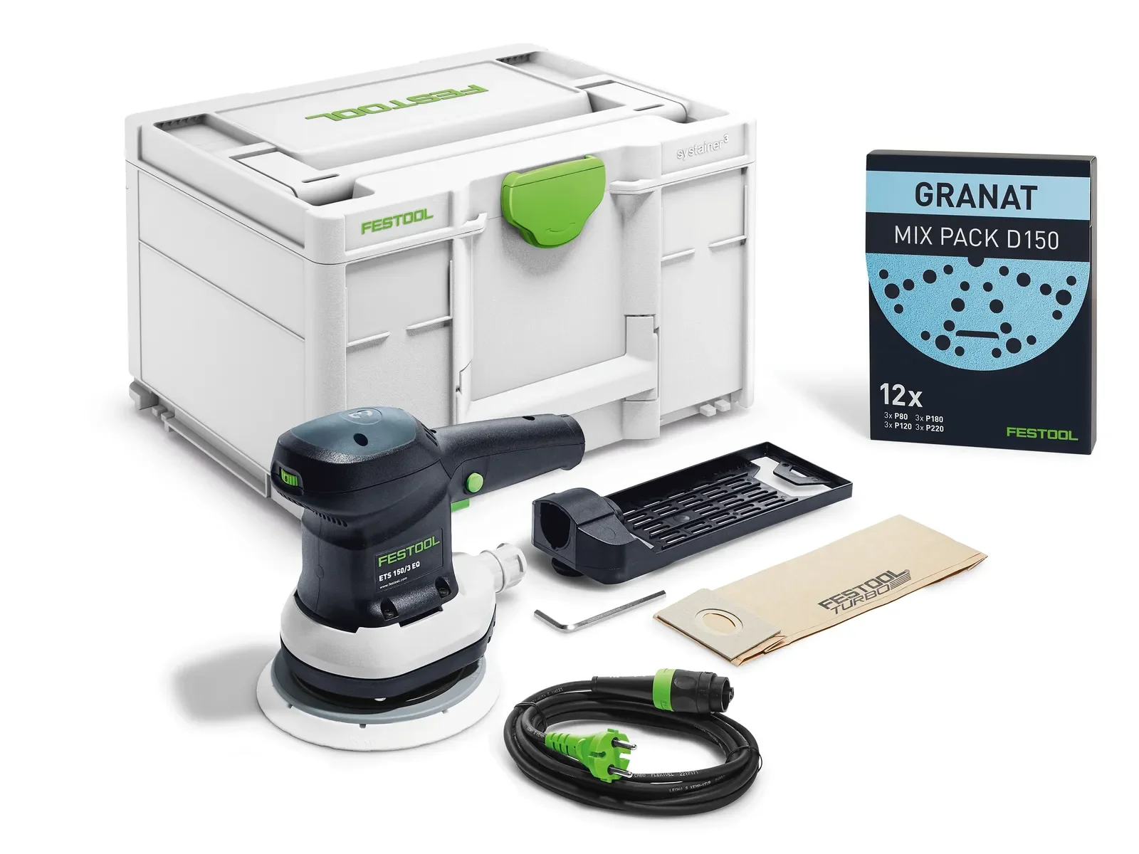 Festool ETS 150/3 EQ-Plus contents: sander, pad, abrasives and Systainer³
