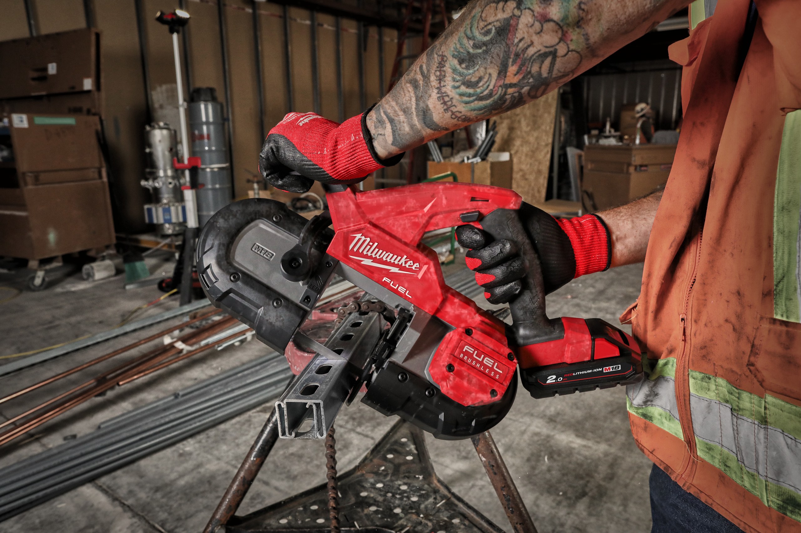 M18 FBS85 FUEL Compact Band Saw in use on the job