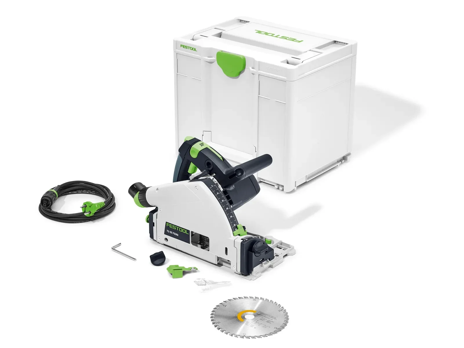 Festool TS 55 F Plus contents: saw, cable, blade and Systainer³
