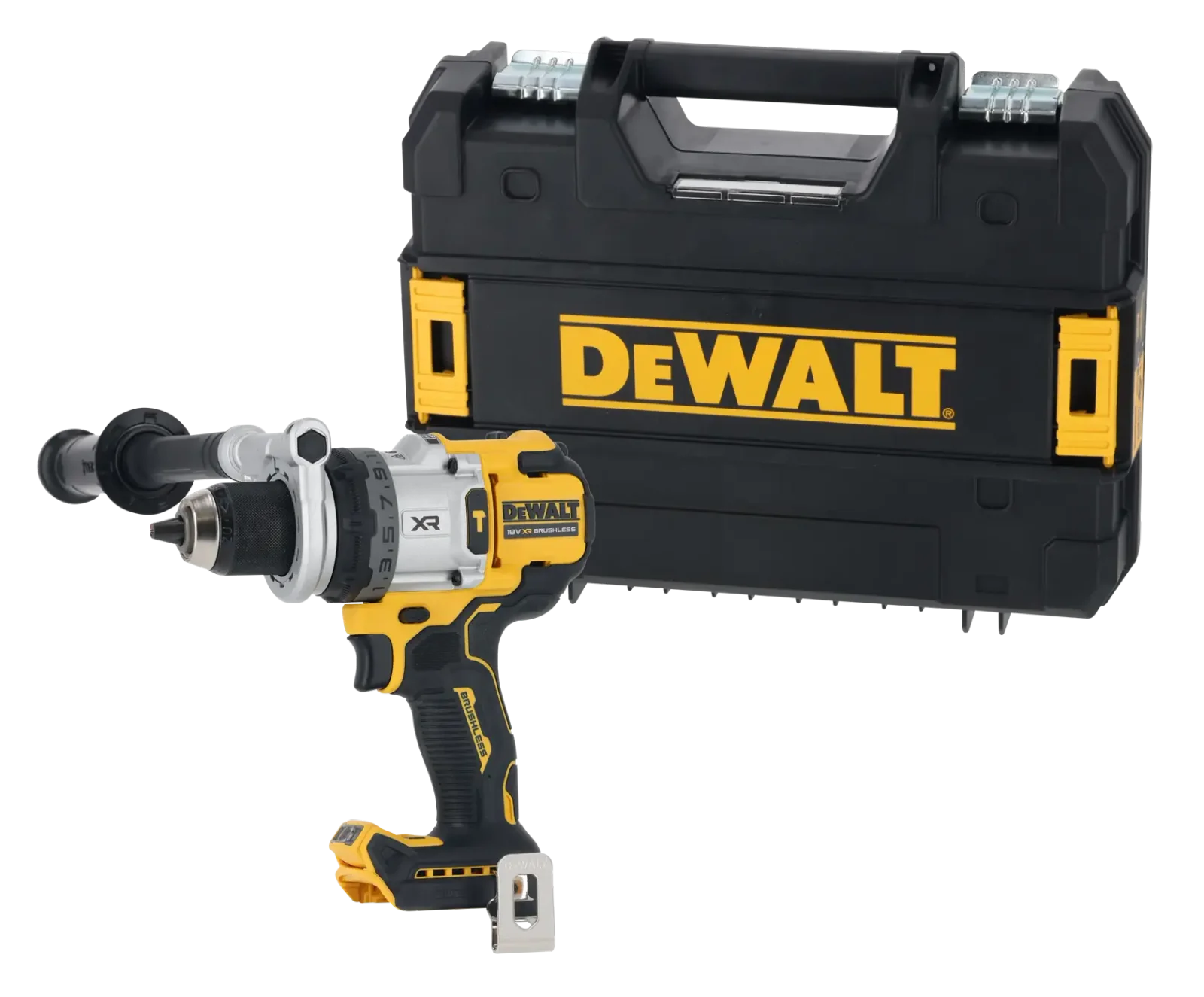 DeWalt DCD1007 hammer drill driver, kit contents laid out