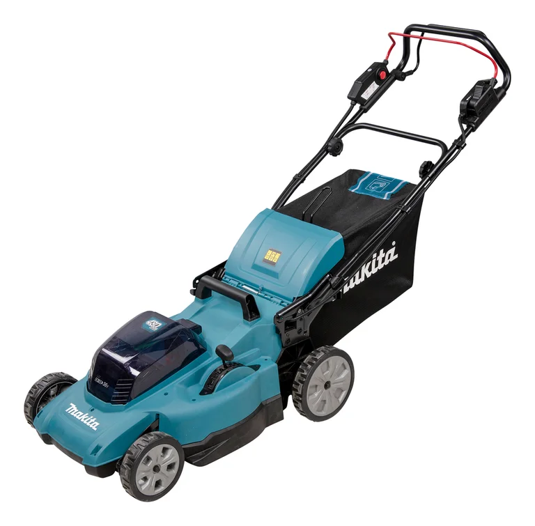 Makita DLM481 lawn mower, three-quarter view from the left