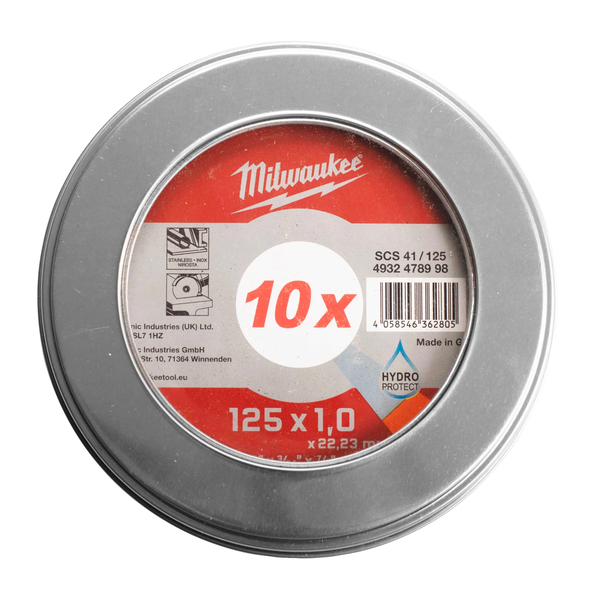 Milwaukee MetalBox tin of ten 125 x 1.0 mm cutting discs