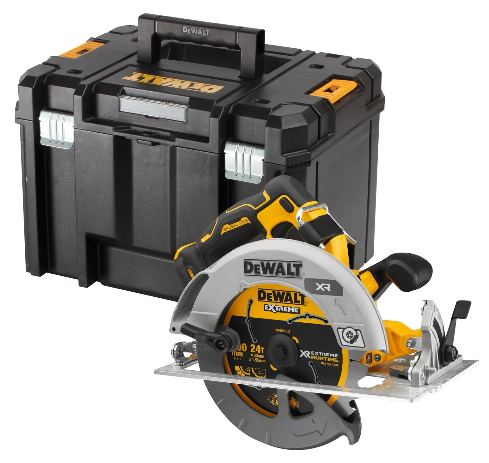 DeWalt DCS573 circular saw, kit contents laid out