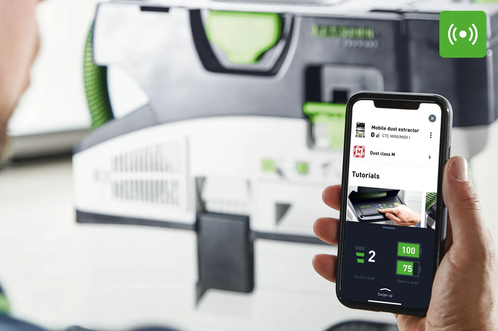 Festool app showing CTLC MIDI I suction data