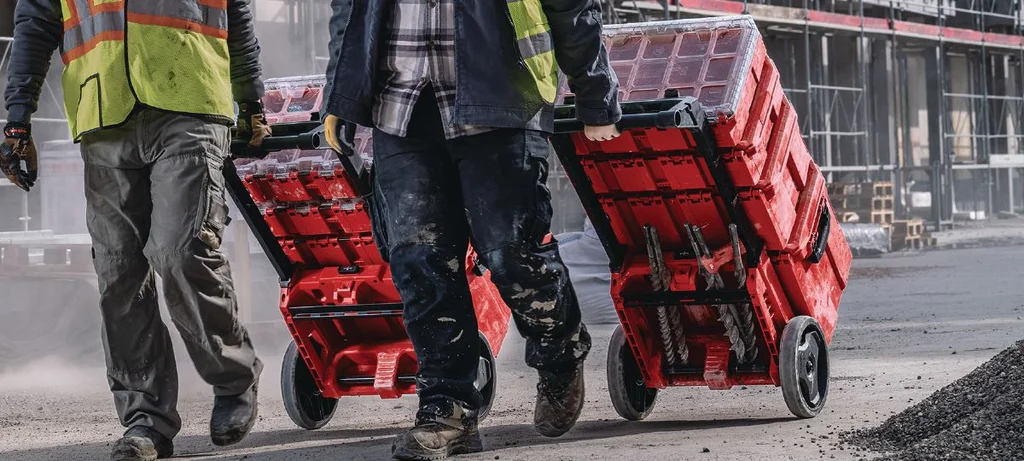 Installer moving a ProKit stack on the Hilti PKR 2 trolley
