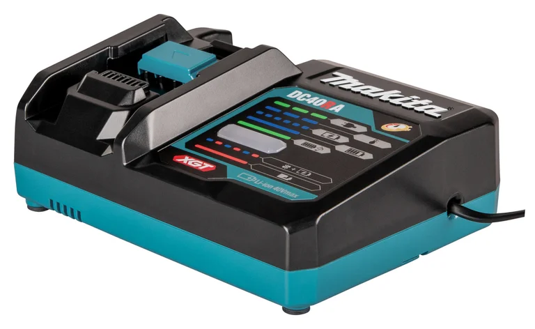 Makita DC40RA charger, three-quarter view from the left