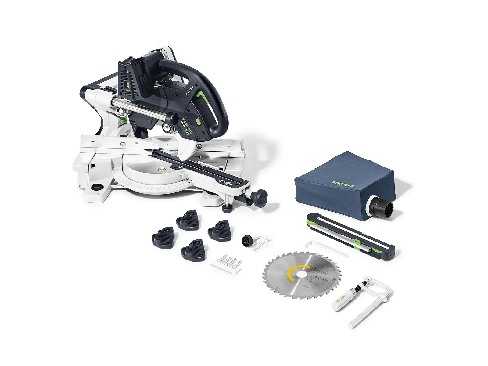 Festool KSC 60 Basic contents: mitre saw, blade, bevel, clamp, chip bag and riser feet