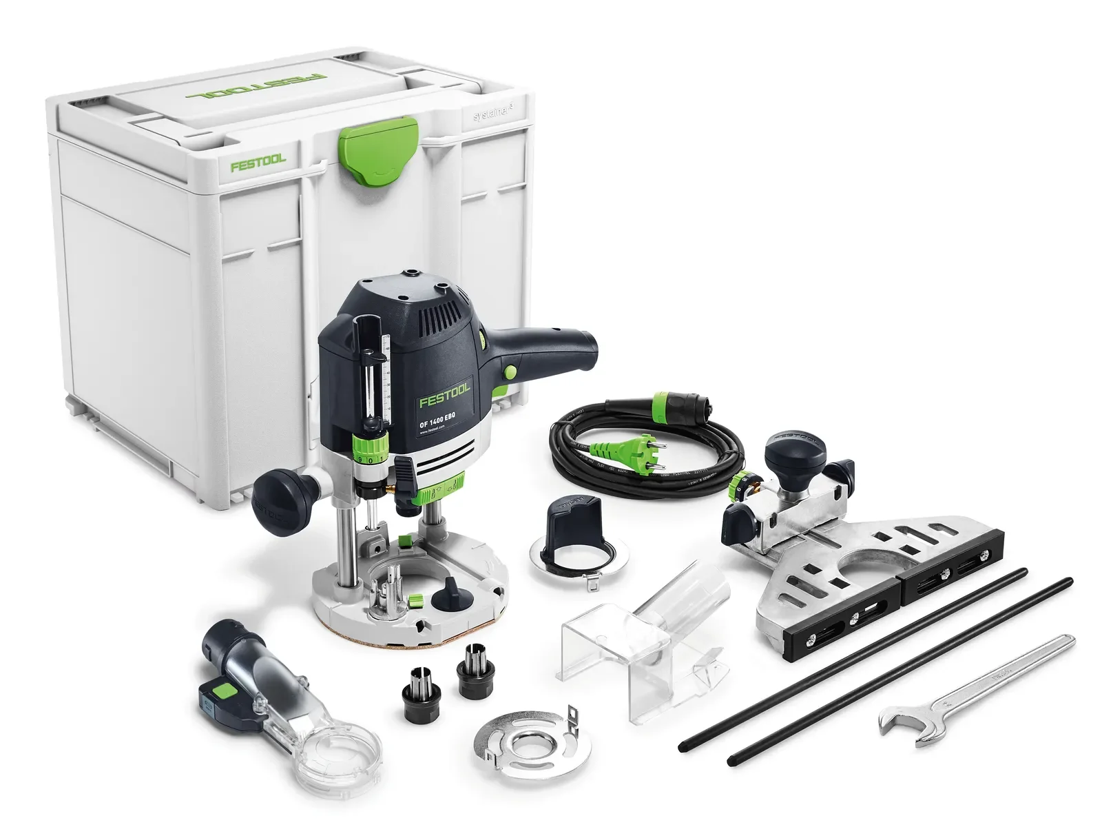 Festool OF 1400 Plus contents: router, fence, collets, bonnet and Systainer³