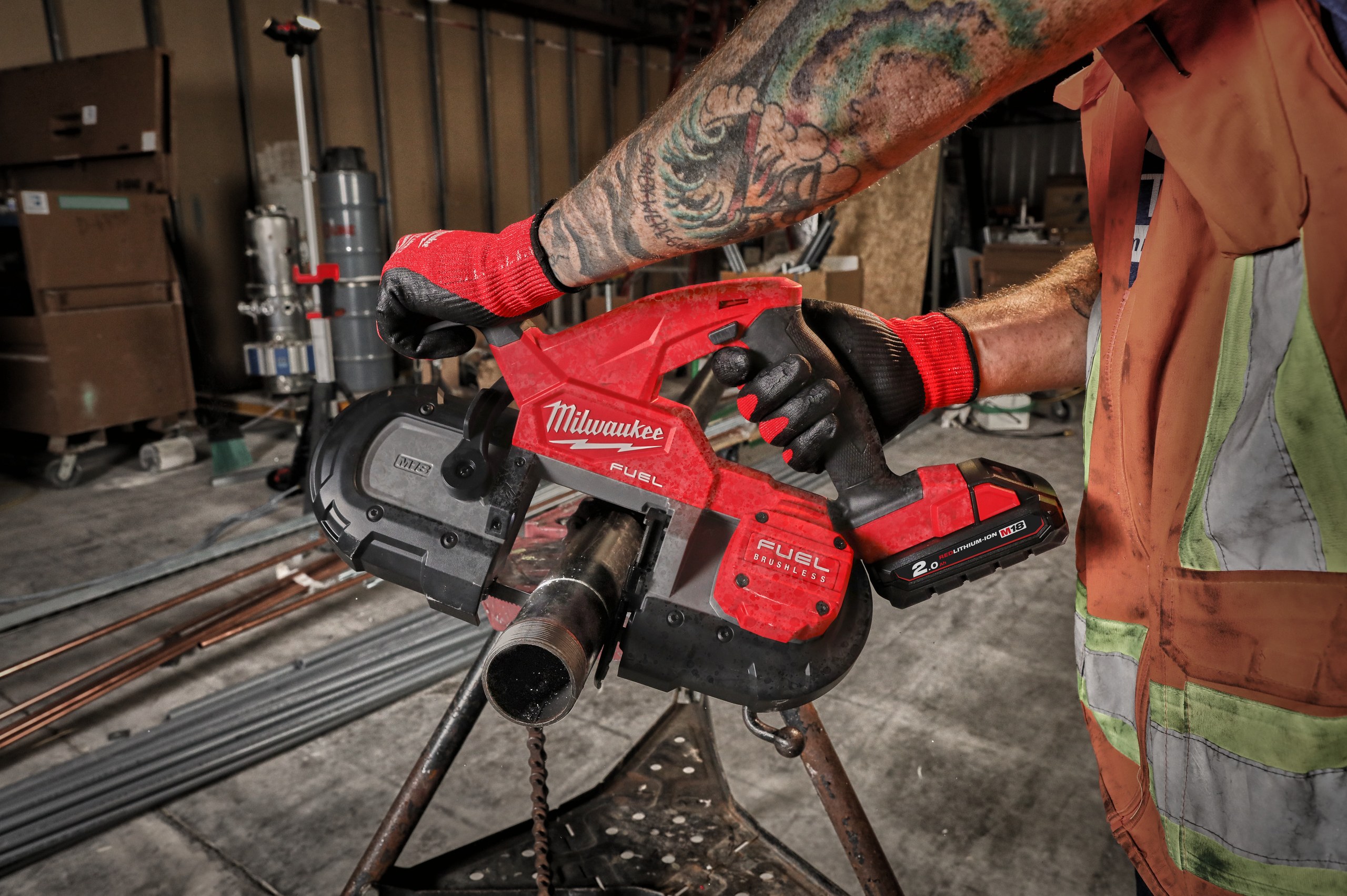 M18 FBS85 FUEL Compact Band Saw in use on the job