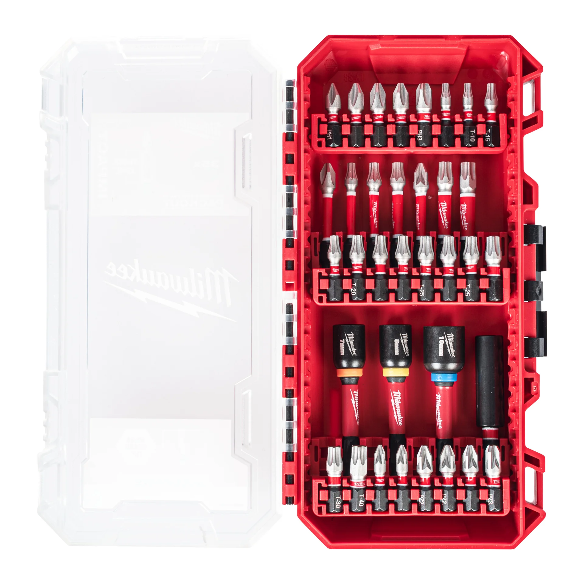 Milwaukee SHOCKWAVE 35-piece bit set in open case, front view