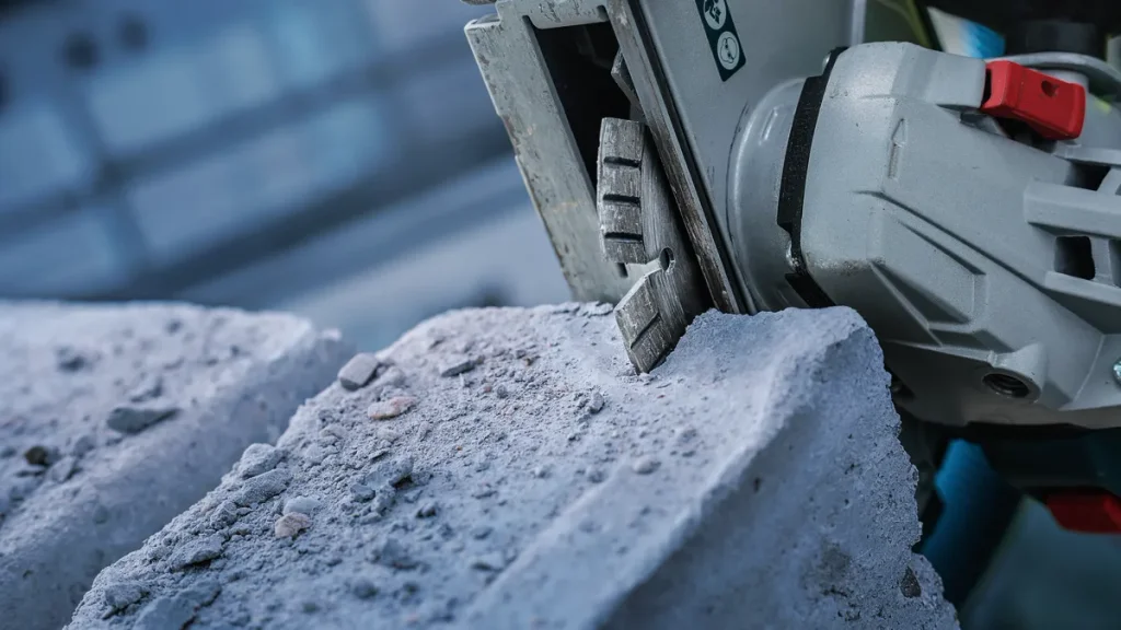 Bosch diamond disc cutting a concrete block on an angle grinder