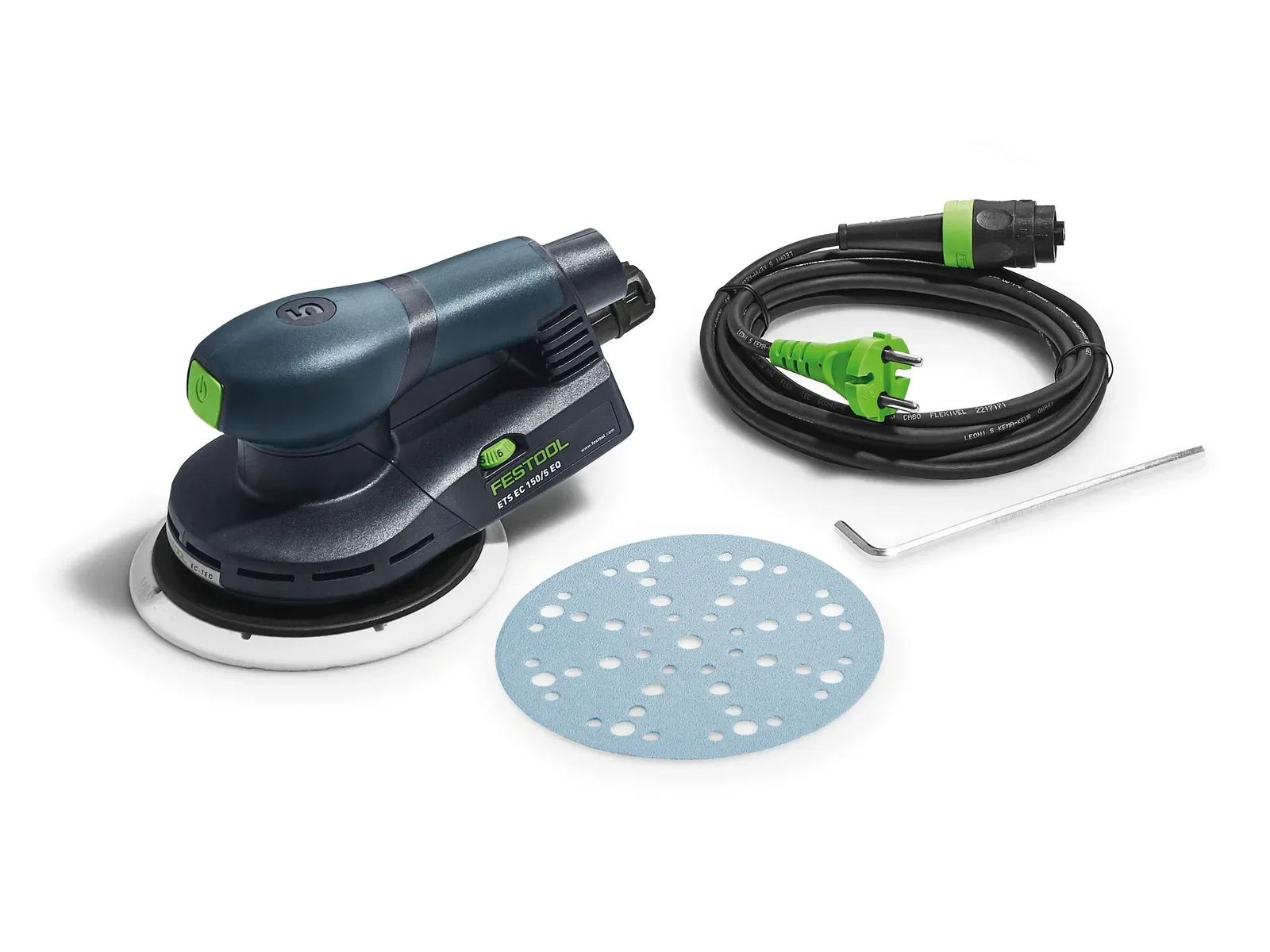 Festool ETS EC 150/5 EQ contents: sander, cable, pad and abrasive