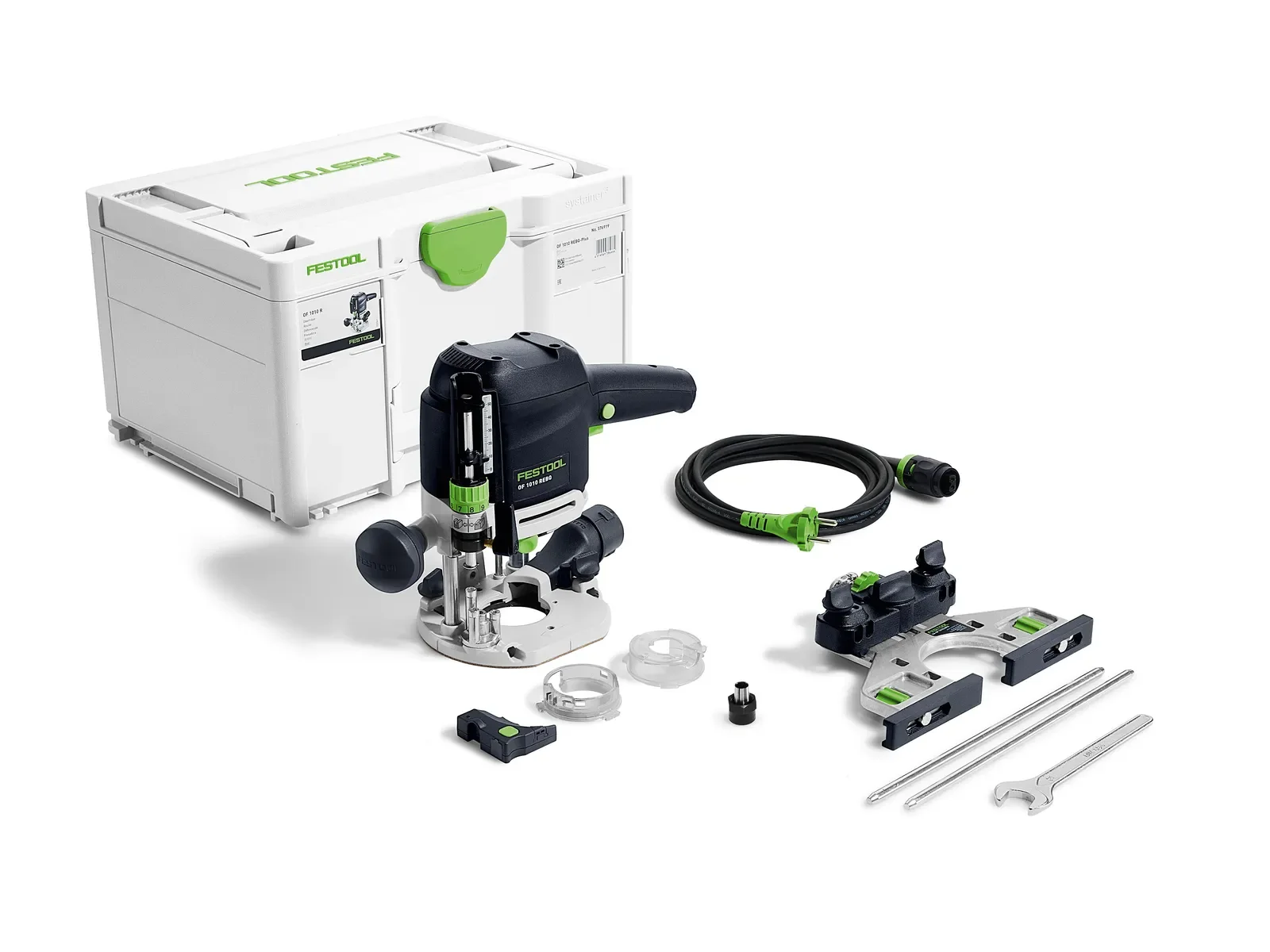Festool OF 1010 REBQ-Plus contents: router, side fence, light module and Systainer³