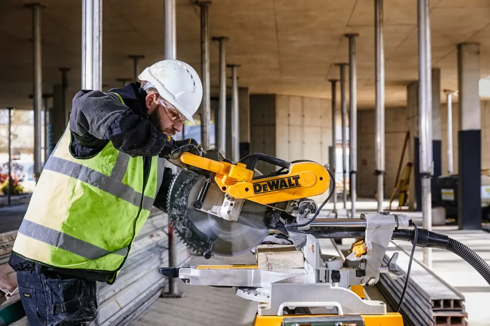 DeWalt DWS780 mitre saw in use on site