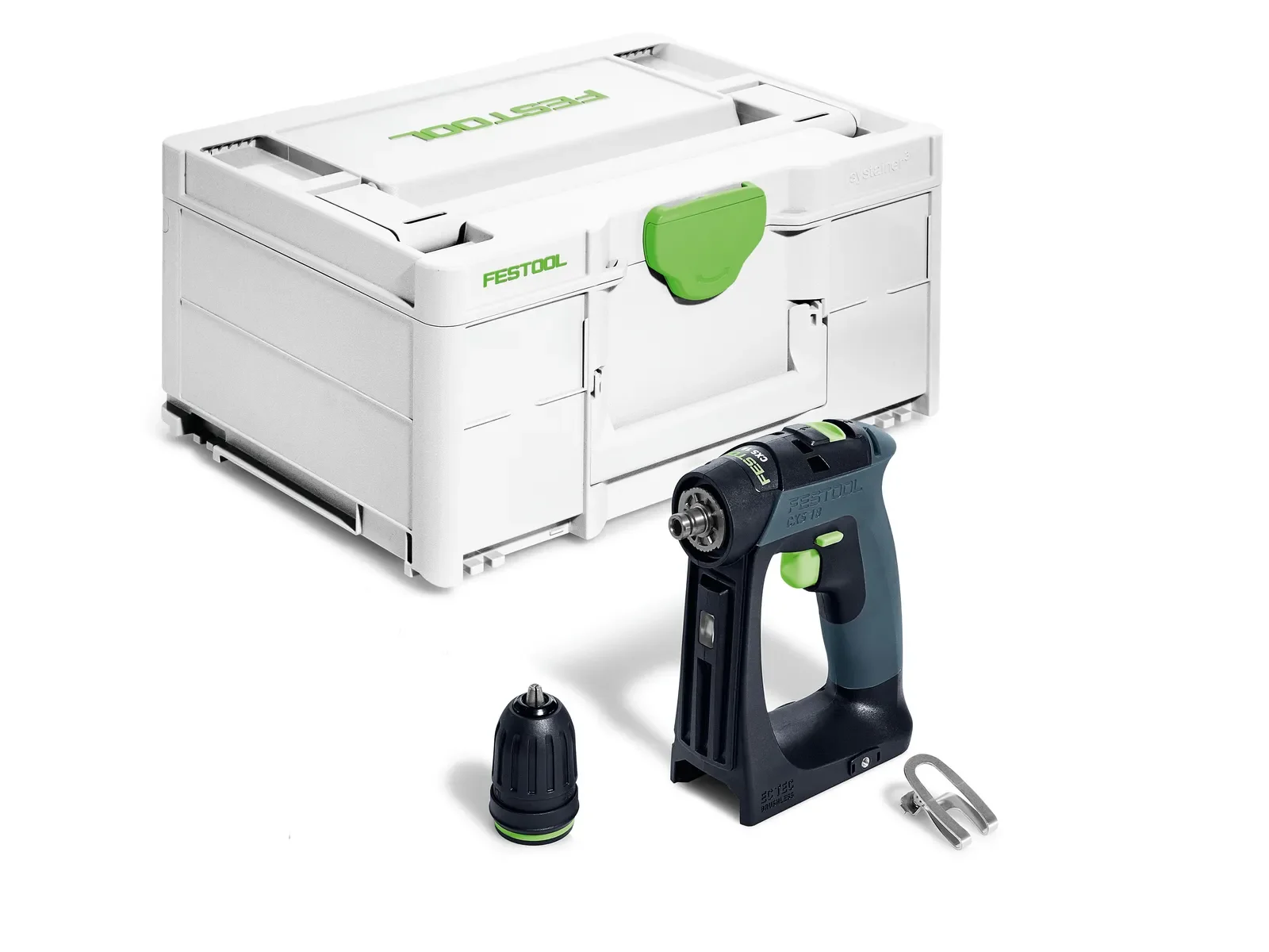 Festool CXS 18 Basic contents: drill driver, keyless chuck, belt clip and Systainer³