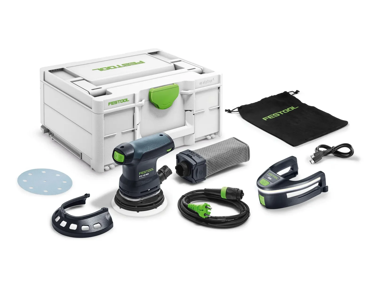 Festool ETS 125 REQ-Plus contents: sander, pad, dust bag, light module and Systainer³