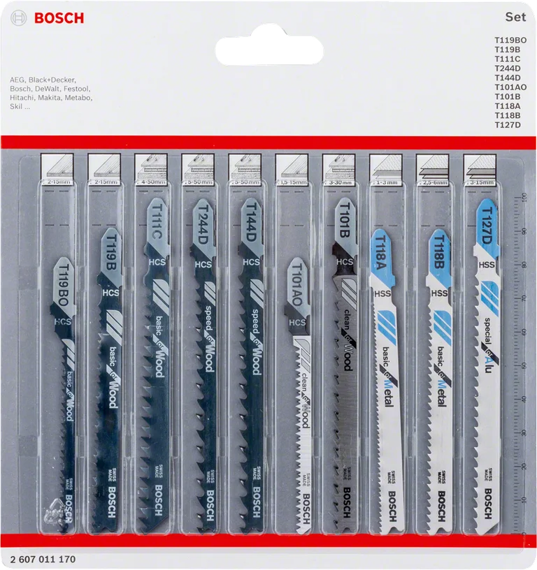 Bosch 10-piece T-shank jigsaw blade set in its pack